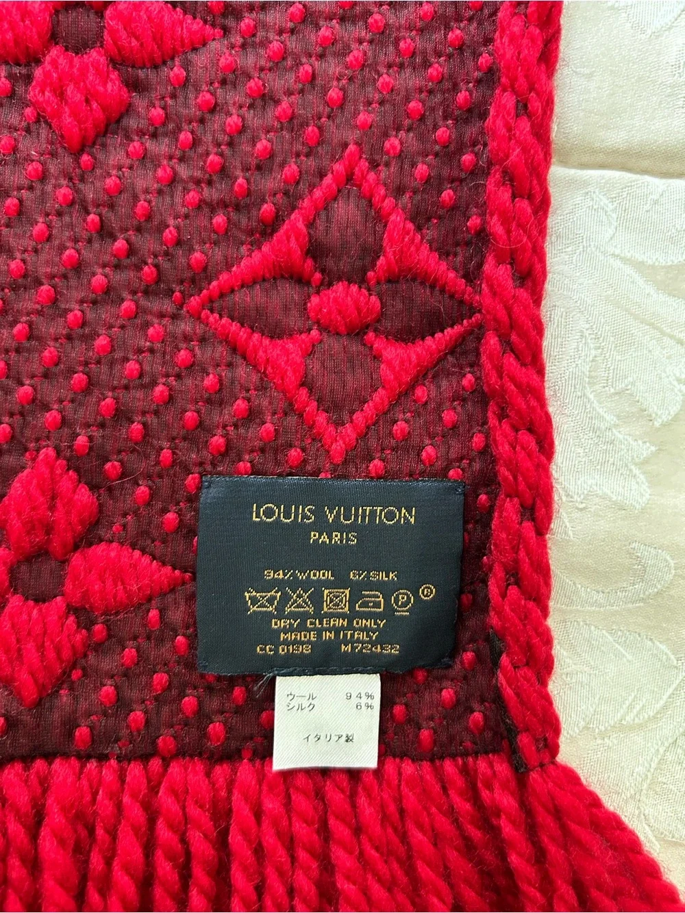 Authentic LV Red Monogram Wool & Silk Scarf or Wrap. Made in Italy w/ COA. - Picture 9 of 12